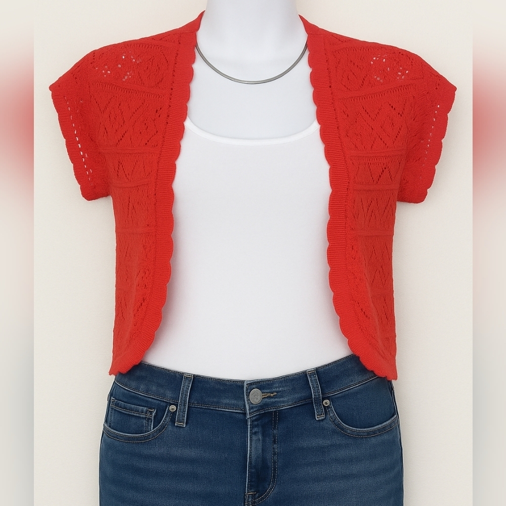 Kim Rogers Red Crochet Shrug Vest Small Open Front Cropped Knit Coverup